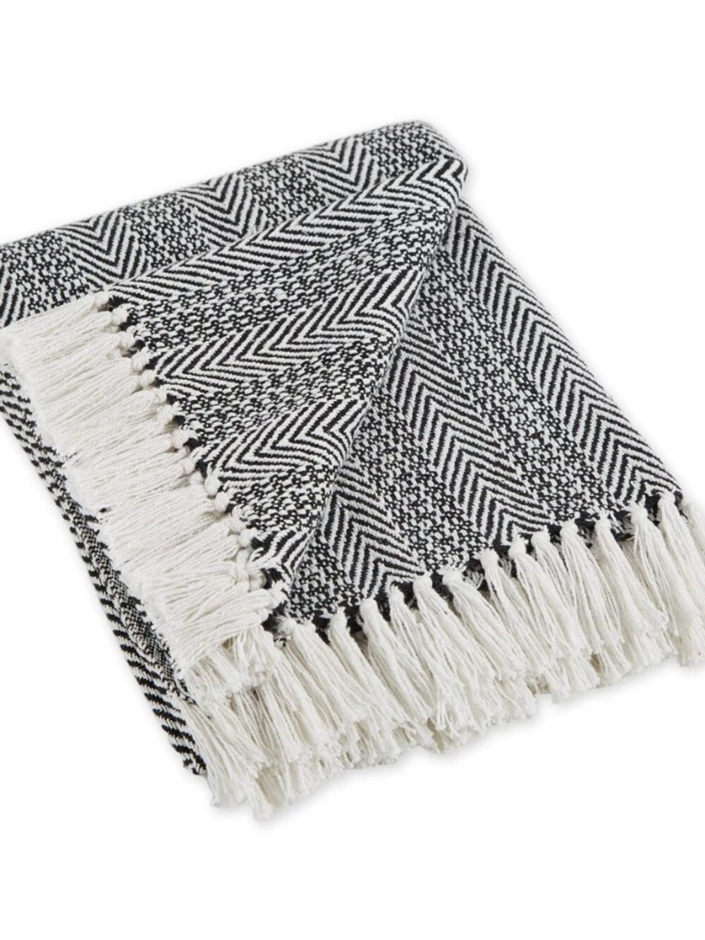 Herringbone Striped Cotton Throw Blanket, 50x60 with 2.5" Fringe, Black